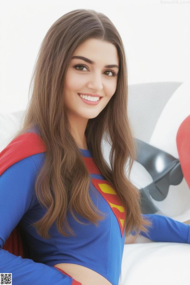 A woman in a superman costume sitting on a couch.