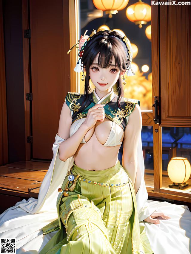 A woman in a green and white outfit sitting on a bed.
