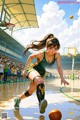 A woman in a green and yellow uniform dribbling a basketball.