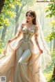 A woman in a wedding dress standing in the woods.