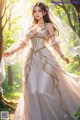 A woman in a wedding dress standing in the woods.