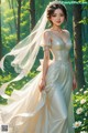 A woman in a wedding dress standing in a forest.