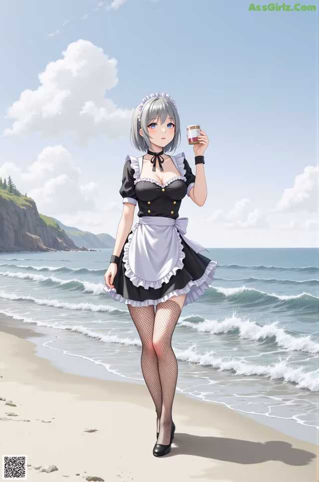 A woman in a maid outfit holding a cup of coffee on the beach.
